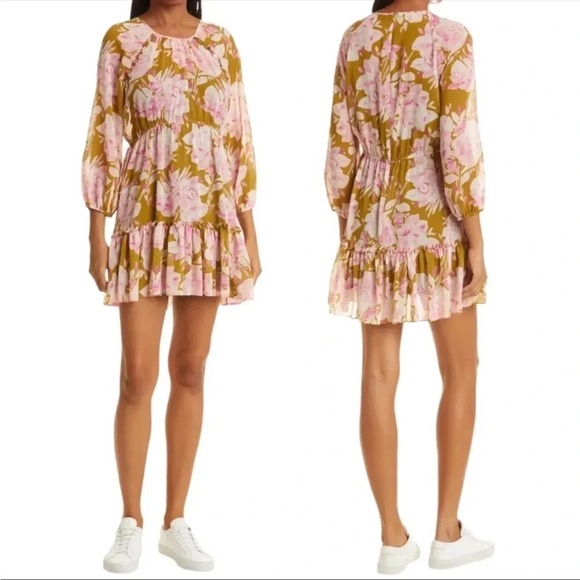 NEW Likely Hadi Pink and Green Floral Print Boho Peasant Mini Dress - Picture 1 of 11